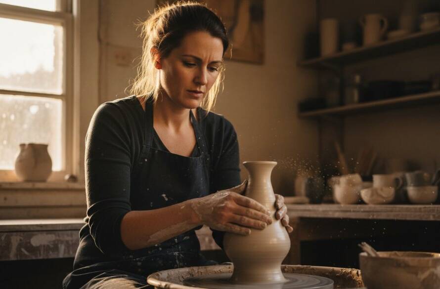 A professional editorial photograph capturing an 'epic moment' of a passionate artisan crafting bespoke furniture in their sunlit Hampton East workshop, showcasing local businesses with dramatic side lighting and rich colours, perfectly representing Hampton East editorial photography showcasing local businesses.