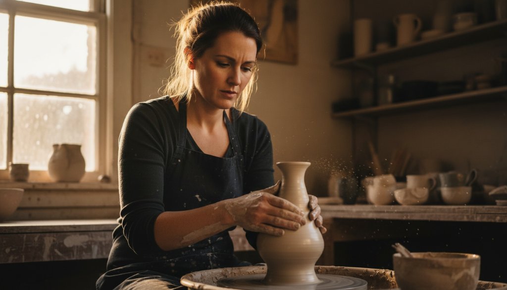 A professional editorial photograph capturing an 'epic moment' of a passionate artisan crafting bespoke furniture in their sunlit Hampton East workshop, showcasing local businesses with dramatic side lighting and rich colours, perfectly representing Hampton East editorial photography showcasing local businesses.