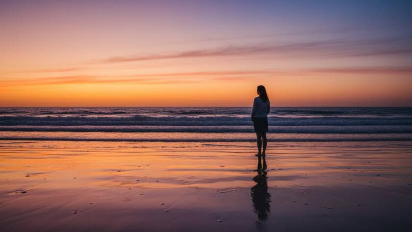 A captivating 'epic moment' fine art photograph showing a silhouetted person standing contemplatively on a Hampton East beach at sunset, with dramatic golden light reflecting on the wet sand, embodying Hampton East fine art photography capturing coastal elegance.