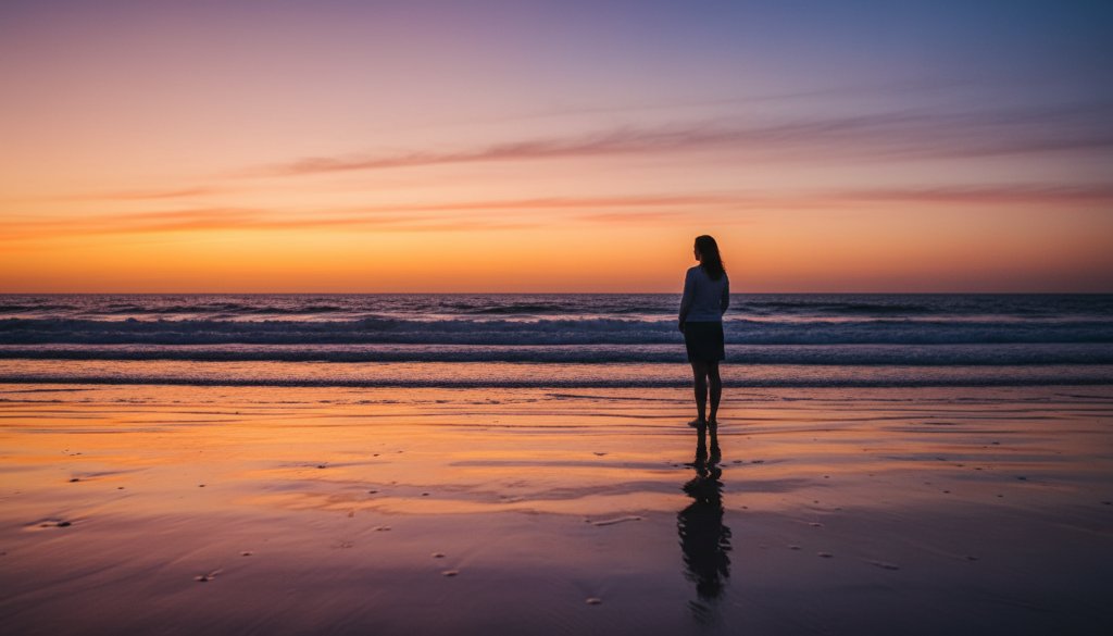 A captivating 'epic moment' fine art photograph showing a silhouetted person standing contemplatively on a Hampton East beach at sunset, with dramatic golden light reflecting on the wet sand, embodying Hampton East fine art photography capturing coastal elegance.