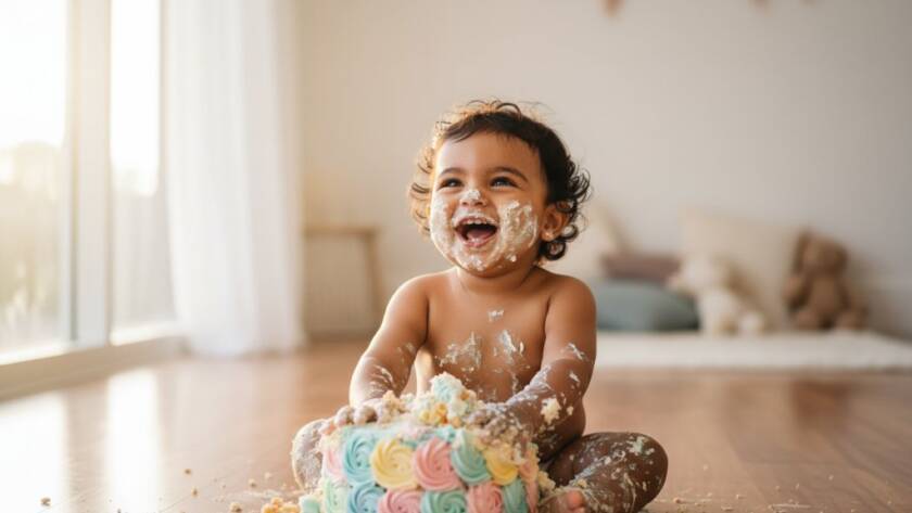 A toddler joyfully covered in cake during an epic Hampton East first birthday cake smash photography session, with dramatic backlighting and a focus on their delighted, messy expression in a vibrant, natural setting.