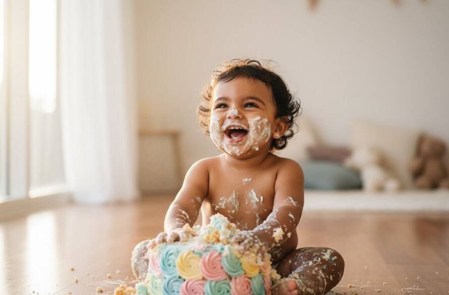 A toddler joyfully covered in cake during an epic Hampton East first birthday cake smash photography session, with dramatic backlighting and a focus on their delighted, messy expression in a vibrant, natural setting.
