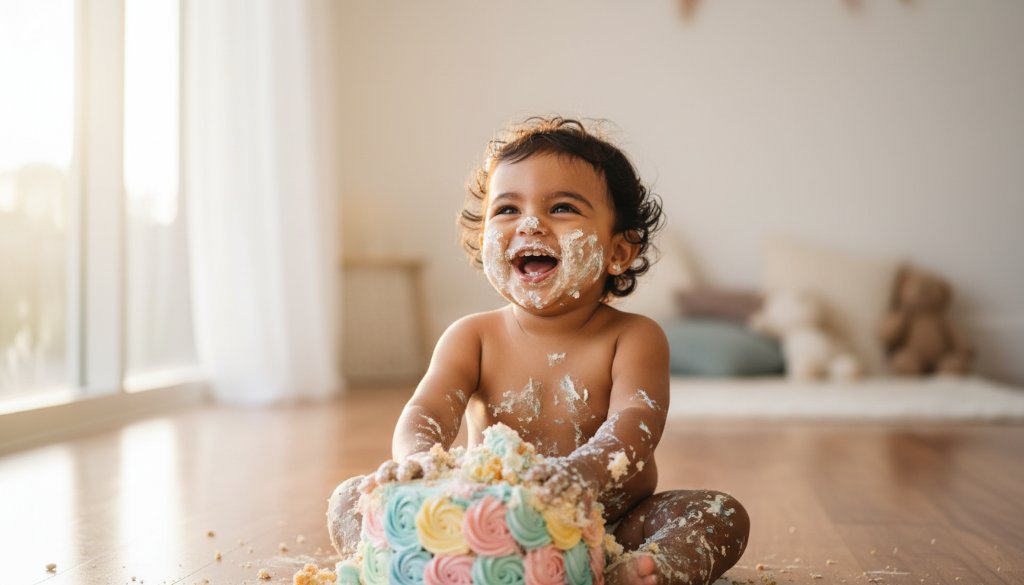A toddler joyfully covered in cake during an epic Hampton East first birthday cake smash photography session, with dramatic backlighting and a focus on their delighted, messy expression in a vibrant, natural setting.