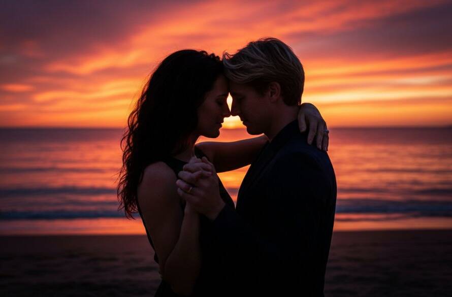 A couple embracing passionately on the Hampton East foreshore during their pre-wedding photography experience, with the setting sun casting dramatic golden light over the ocean and creating a cinematic, epic moment.