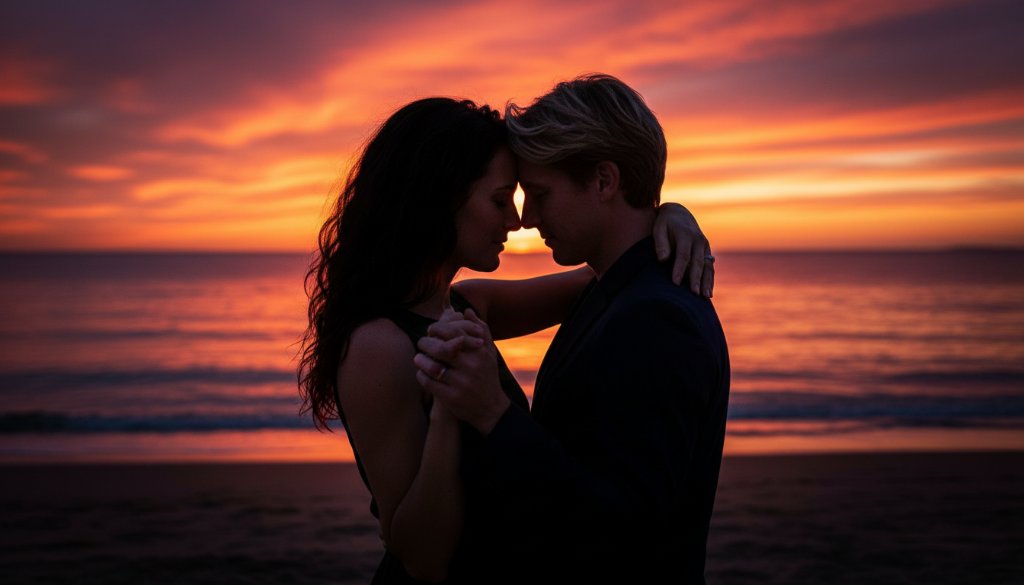 A couple embracing passionately on the Hampton East foreshore during their pre-wedding photography experience, with the setting sun casting dramatic golden light over the ocean and creating a cinematic, epic moment.
