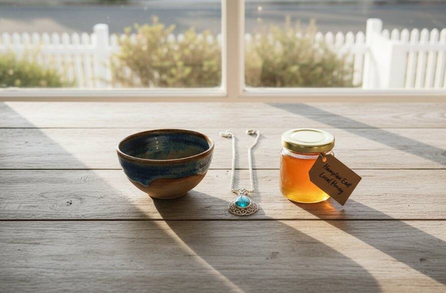 A stunning, dramatically lit flat lay of diverse handcrafted products, like artisanal ceramics, bespoke jewellery, and organic skincare, artfully arranged on a weathered timber table with subtle reflections of the Hampton East coastline in the background, showcasing the power of Hampton East handcrafted product photography for local makers.
