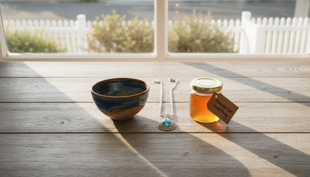 A stunning, dramatically lit flat lay of diverse handcrafted products, like artisanal ceramics, bespoke jewellery, and organic skincare, artfully arranged on a weathered timber table with subtle reflections of the Hampton East coastline in the background, showcasing the power of Hampton East handcrafted product photography for local makers.
