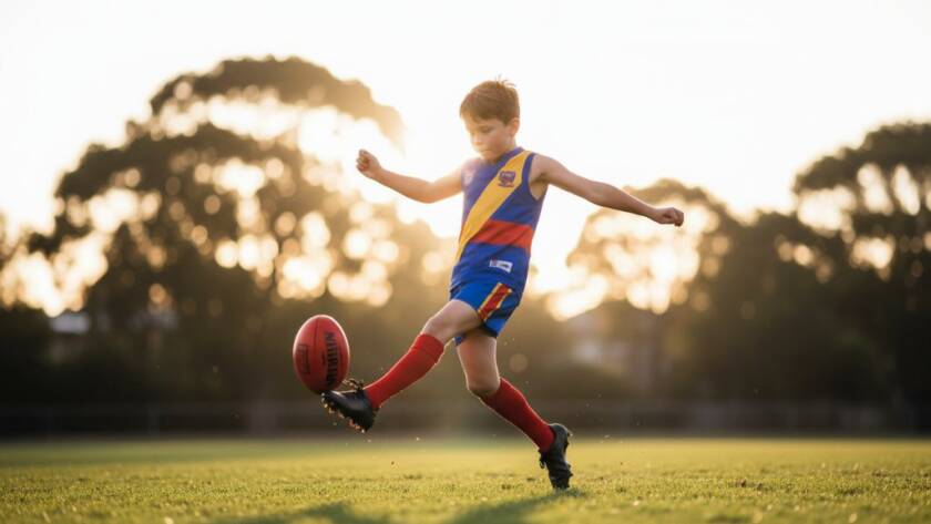 Dynamic action shot of a junior football player in full stride, kicking the ball on a sunny pitch in Hampton East, Victoria, showcasing professional Hampton East junior football photography with dramatic golden hour lighting and a vibrant, emotionally charged feel.