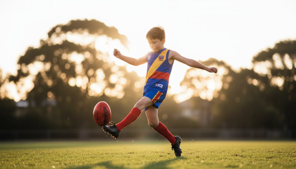 Dynamic action shot of a junior football player in full stride, kicking the ball on a sunny pitch in Hampton East, Victoria, showcasing professional Hampton East junior football photography with dramatic golden hour lighting and a vibrant, emotionally charged feel.