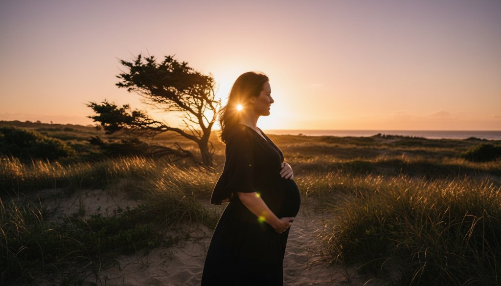 A glowing mother-to-be, elegantly posed against the soft, golden hour light filtering through coastal foliage near Hampton East beach, celebrating her pregnancy with a beautiful Hampton East maternity photoshoot capturing glowing mums. The serene atmosphere highlights her silhouette and the gentle curve of her belly, creating a powerful and emotive 'epic moment' photograph.