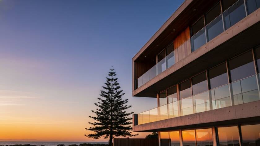 A wide-angle, epic moment photograph capturing the distinctive sleek lines and glass facade of a contemporary coastal home in Hampton East, bathed in the golden light of dawn, reflecting the clear blue sky, illustrating Hampton East Modern Coastal Architecture Photography.