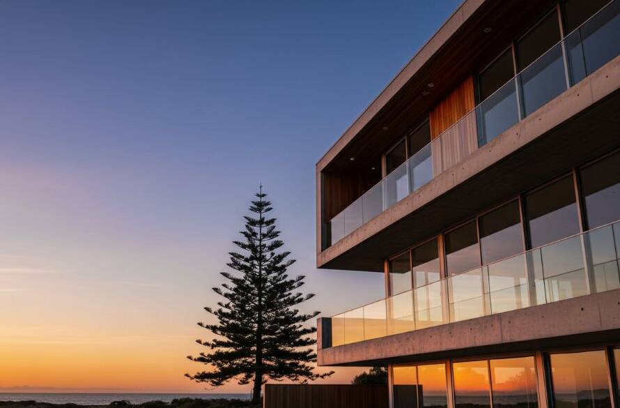 A wide-angle, epic moment photograph capturing the distinctive sleek lines and glass facade of a contemporary coastal home in Hampton East, bathed in the golden light of dawn, reflecting the clear blue sky, illustrating Hampton East Modern Coastal Architecture Photography.