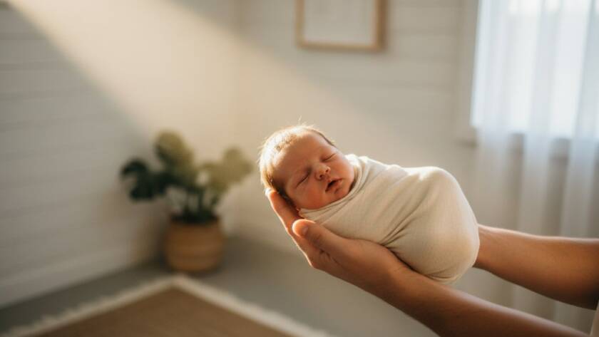 A tender, epic moment of a newborn baby's tiny hand grasping a parent's finger, bathed in soft, ethereal light against a blurred, warm background, symbolizing the profound Hampton East newborn baby photography joy.