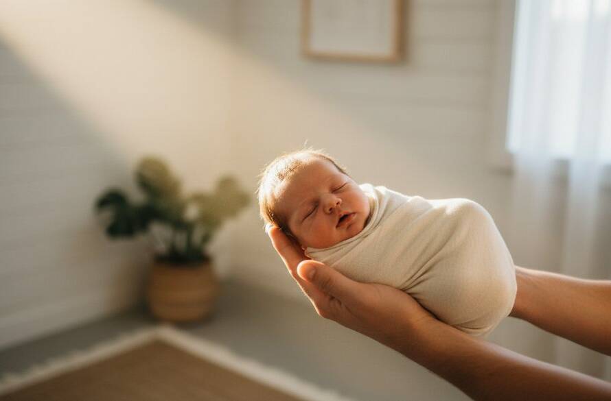 A tender, epic moment of a newborn baby's tiny hand grasping a parent's finger, bathed in soft, ethereal light against a blurred, warm background, symbolizing the profound Hampton East newborn baby photography joy.