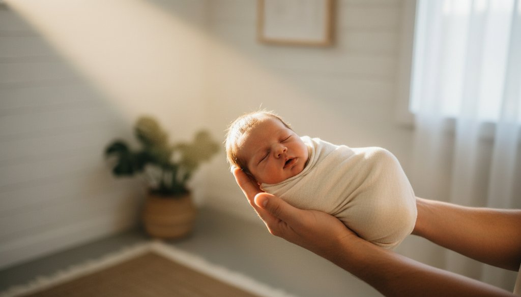 A tender, epic moment of a newborn baby's tiny hand grasping a parent's finger, bathed in soft, ethereal light against a blurred, warm background, symbolizing the profound Hampton East newborn baby photography joy.