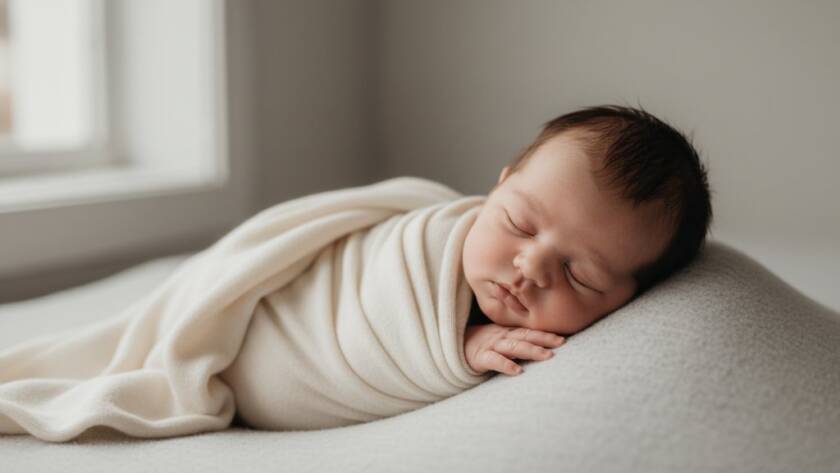 A serene wide shot capturing the Hampton East Newborn Photography Cherished Moments of a baby sleeping peacefully in a natural light studio, with soft morning light illuminating their delicate features, evoking a sense of calm and new beginnings.