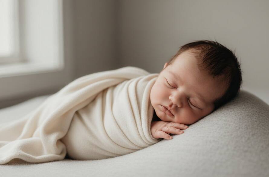 A serene wide shot capturing the Hampton East Newborn Photography Cherished Moments of a baby sleeping peacefully in a natural light studio, with soft morning light illuminating their delicate features, evoking a sense of calm and new beginnings.