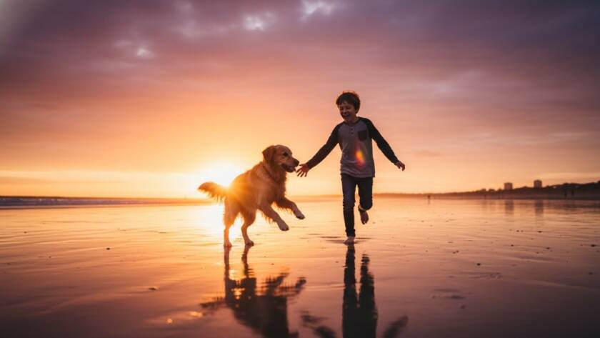 A heartwarming and action-packed professional photograph of a golden retriever and a child joyfully playing on the sandy foreshore of Hampton East beach at sunset, with golden light illuminating their playful interaction, perfectly embodying Hampton East pet photography capturing joyful family moments.