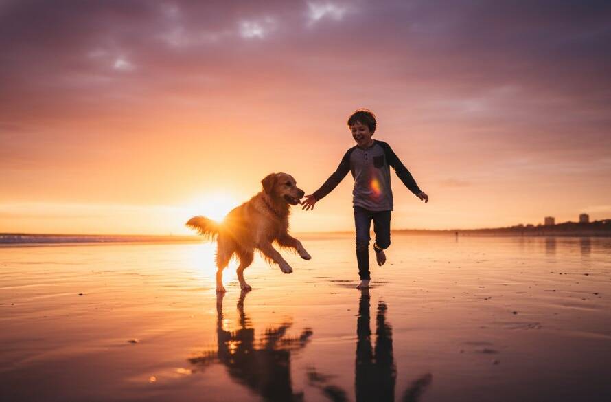 A heartwarming and action-packed professional photograph of a golden retriever and a child joyfully playing on the sandy foreshore of Hampton East beach at sunset, with golden light illuminating their playful interaction, perfectly embodying Hampton East pet photography capturing joyful family moments.