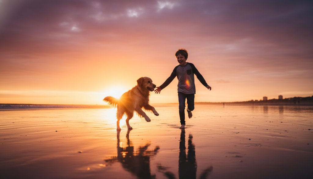 A heartwarming and action-packed professional photograph of a golden retriever and a child joyfully playing on the sandy foreshore of Hampton East beach at sunset, with golden light illuminating their playful interaction, perfectly embodying Hampton East pet photography capturing joyful family moments.