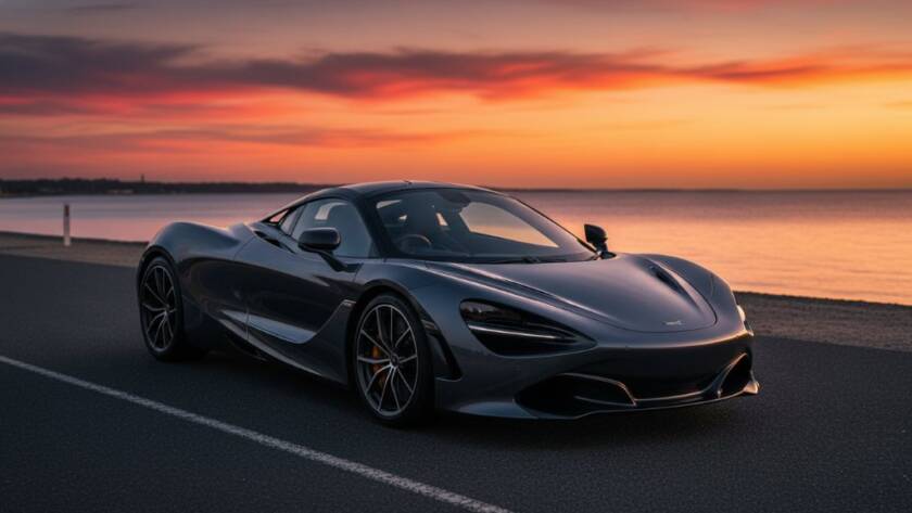 A stunning, dramatic photograph of a sleek, dark prestige sports car silhouetted against a vibrant sunset over Hampton Beach, capturing the ultimate Hampton East prestige car photography experience, with golden light reflecting off its polished surface, parked on a quiet coastal road.