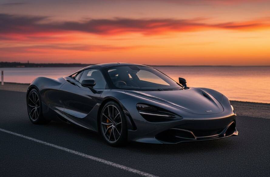 A stunning, dramatic photograph of a sleek, dark prestige sports car silhouetted against a vibrant sunset over Hampton Beach, capturing the ultimate Hampton East prestige car photography experience, with golden light reflecting off its polished surface, parked on a quiet coastal road.