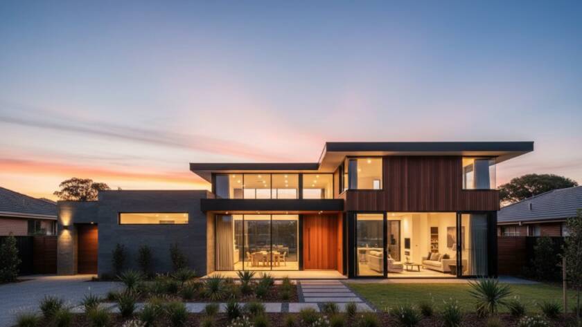 A wide-angle, cinematic photograph of a modern Hampton East property at twilight, showcasing its illuminated interior and lush garden, expertly captured with Hampton East property photography enhancing bayside living, reflecting a luxurious bayside lifestyle.