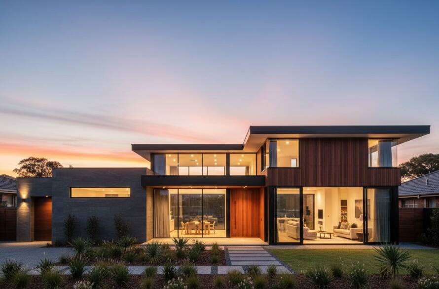 A wide-angle, cinematic photograph of a modern Hampton East property at twilight, showcasing its illuminated interior and lush garden, expertly captured with Hampton East property photography enhancing bayside living, reflecting a luxurious bayside lifestyle.