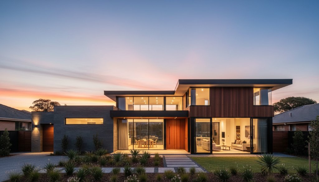 A wide-angle, cinematic photograph of a modern Hampton East property at twilight, showcasing its illuminated interior and lush garden, expertly captured with Hampton East property photography enhancing bayside living, reflecting a luxurious bayside lifestyle.