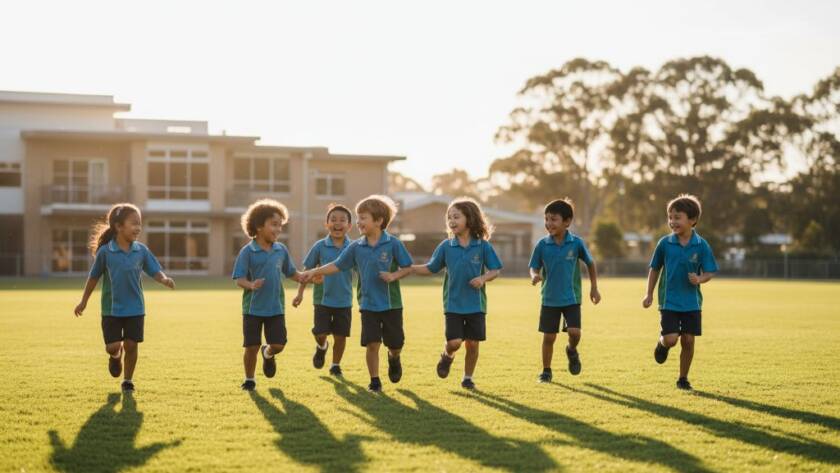 An inspiring wide shot of students laughing and interacting authentically during Hampton East school photography genuine moments, captured with professional lighting on a sunny day at a local Hampton East school grounds, showcasing joy and connection.