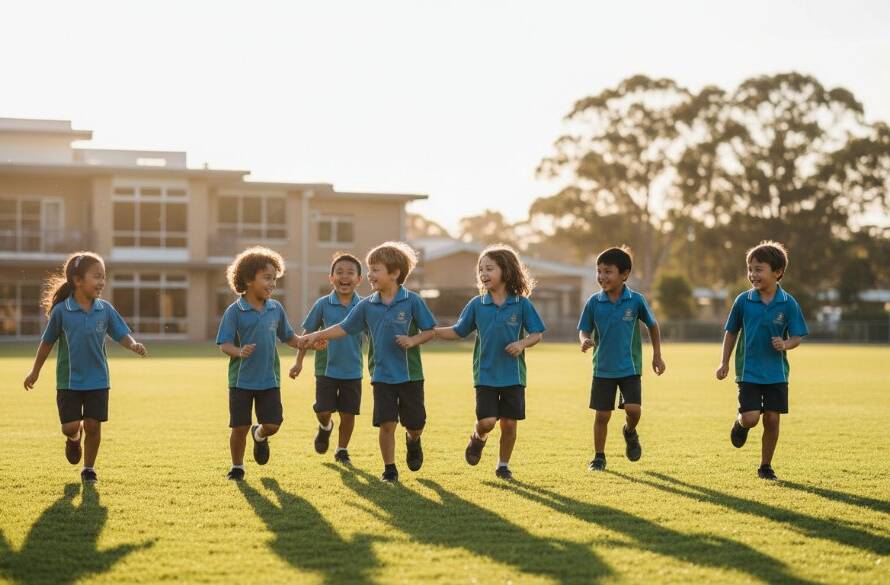 An inspiring wide shot of students laughing and interacting authentically during Hampton East school photography genuine moments, captured with professional lighting on a sunny day at a local Hampton East school grounds, showcasing joy and connection.