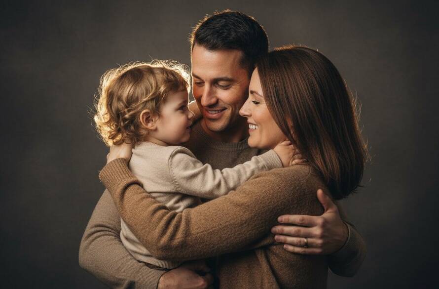 A warmly lit Hampton East studio photography timeless family memories capture, showing a family embracing with genuine smiles, the parents looking lovingly at their child, with soft, dramatic backlighting highlighting their connection in a professional portrait.