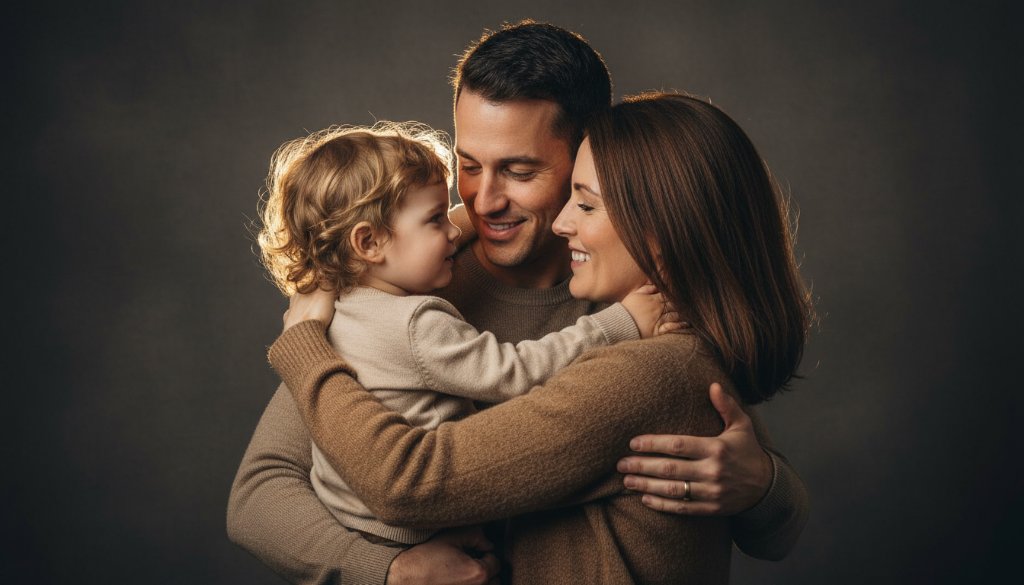 A warmly lit Hampton East studio photography timeless family memories capture, showing a family embracing with genuine smiles, the parents looking lovingly at their child, with soft, dramatic backlighting highlighting their connection in a professional portrait.