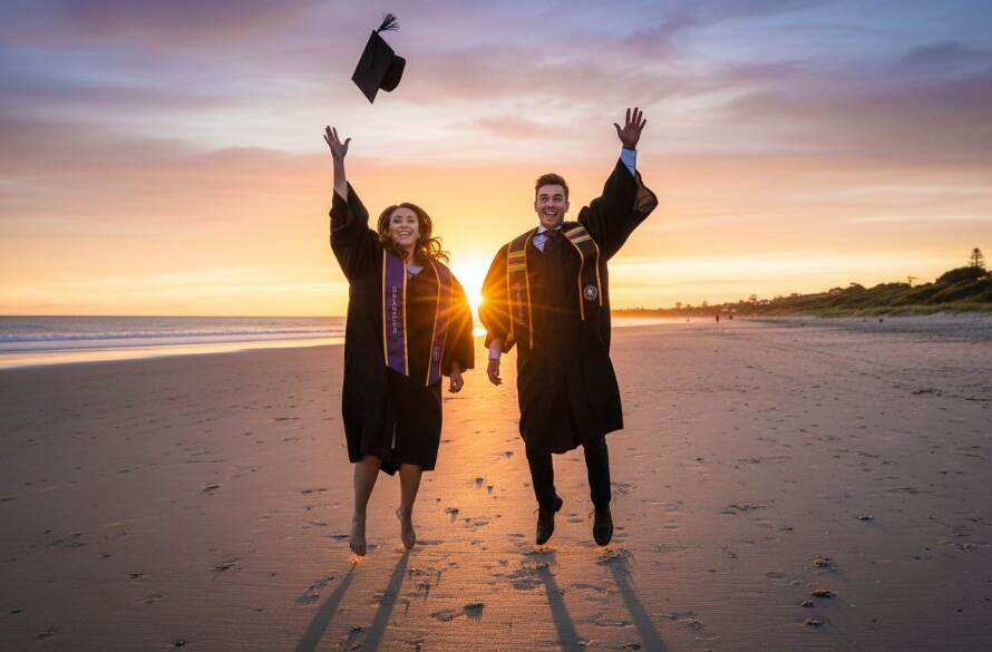 Two elated graduates in caps and gowns tossing their hats high against a dramatic sunset over Hampton East Beach, Victoria, during their Hampton East Victoria Graduation Photoshoots, symbolising success and future possibilities with professional, vibrant colour grading.