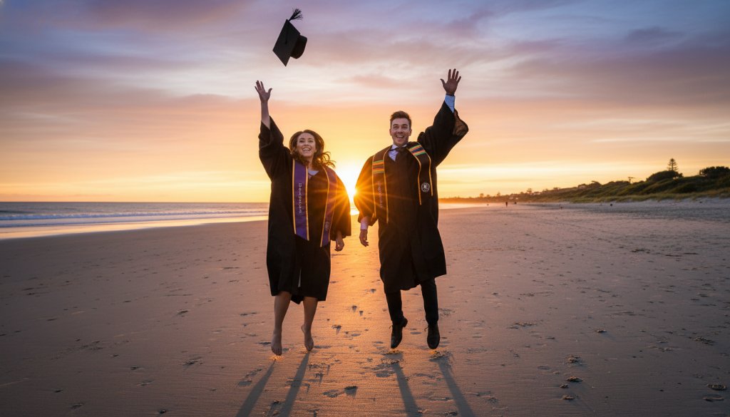 Two elated graduates in caps and gowns tossing their hats high against a dramatic sunset over Hampton East Beach, Victoria, during their Hampton East Victoria Graduation Photoshoots, symbolising success and future possibilities with professional, vibrant colour grading.