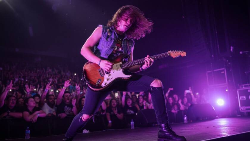 Dynamic, low-angle shot of a lead guitarist mid-shred under dramatic purple stage lights, captured through expert Hampton gig photography capturing electric stage presence, with the crowd's energy visible in the blurred background.