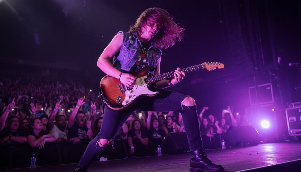 Dynamic, low-angle shot of a lead guitarist mid-shred under dramatic purple stage lights, captured through expert Hampton gig photography capturing electric stage presence, with the crowd's energy visible in the blurred background.