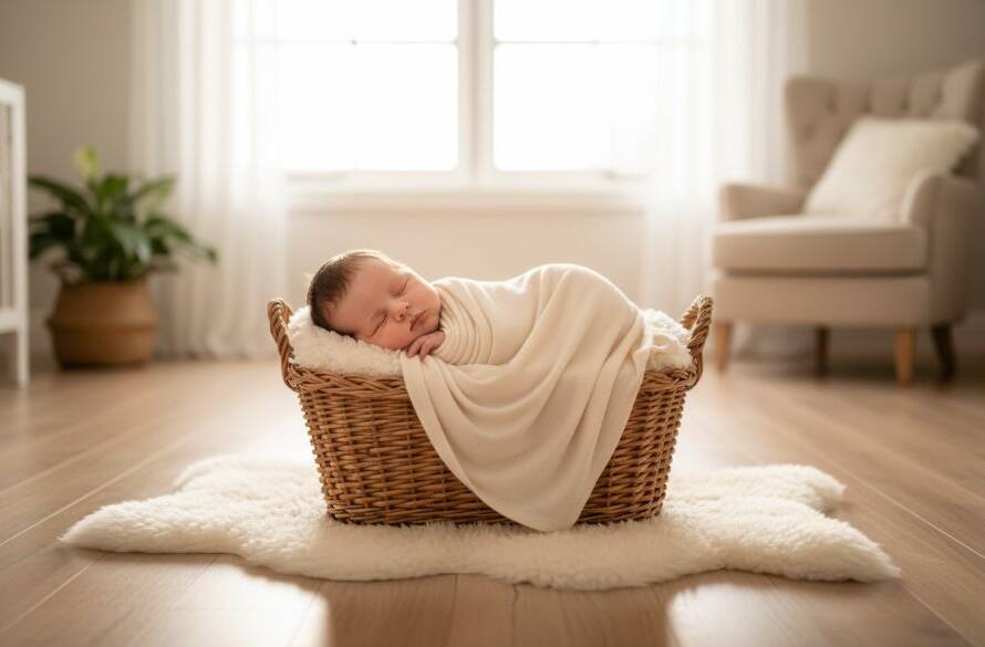 A serene wide shot of a newborn baby gently swaddled, sleeping peacefully in a wicker basket amidst soft, natural window light in a Hampton, Victoria home, expertly captured by a Hampton newborn photographer, showcasing gentle artistic portraits.
