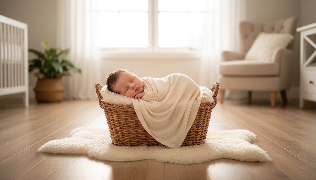 A serene wide shot of a newborn baby gently swaddled, sleeping peacefully in a wicker basket amidst soft, natural window light in a Hampton, Victoria home, expertly captured by a Hampton newborn photographer, showcasing gentle artistic portraits.