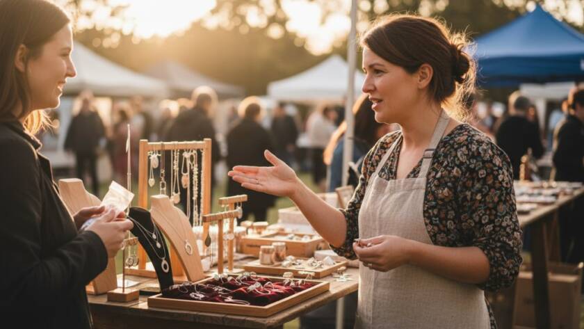 Dynamic shot of a local small business owner in Hampton Park, Victoria, confidently presenting their artisan products on a rustic market stall, with warm morning light illuminating their passionate expression, showcasing the impactful results of Hampton Park Business Branding Photography.