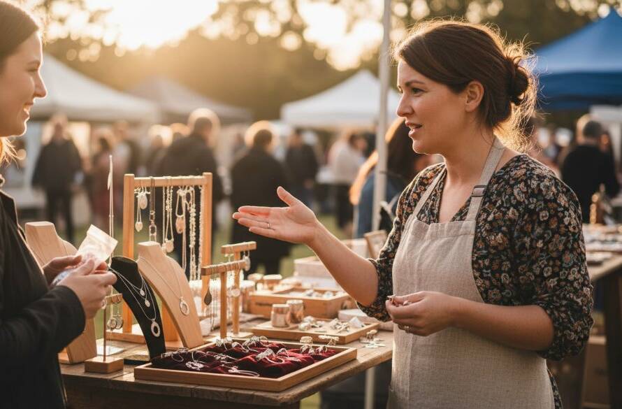 Dynamic shot of a local small business owner in Hampton Park, Victoria, confidently presenting their artisan products on a rustic market stall, with warm morning light illuminating their passionate expression, showcasing the impactful results of Hampton Park Business Branding Photography.