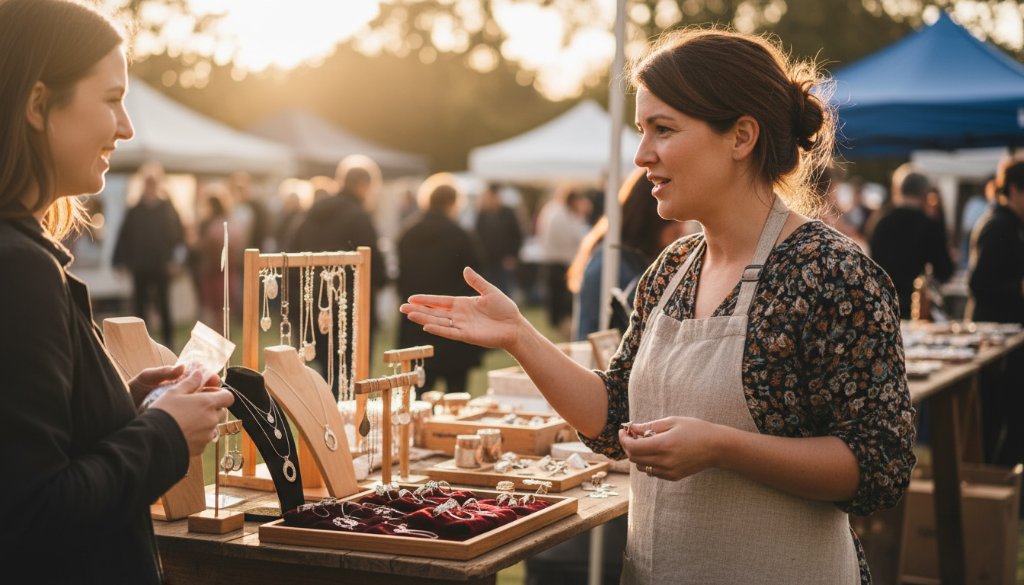 Dynamic shot of a local small business owner in Hampton Park, Victoria, confidently presenting their artisan products on a rustic market stall, with warm morning light illuminating their passionate expression, showcasing the impactful results of Hampton Park Business Branding Photography.