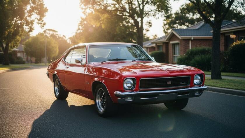 An epic moment in Hampton Park classic car photography Victoria, showcasing a gleaming vintage Holden Kingswood at sunset, its chrome reflecting the vibrant sky, parked near the leafy Dandenong Creek trail, with dramatic lens flare and cinematic colour grading.