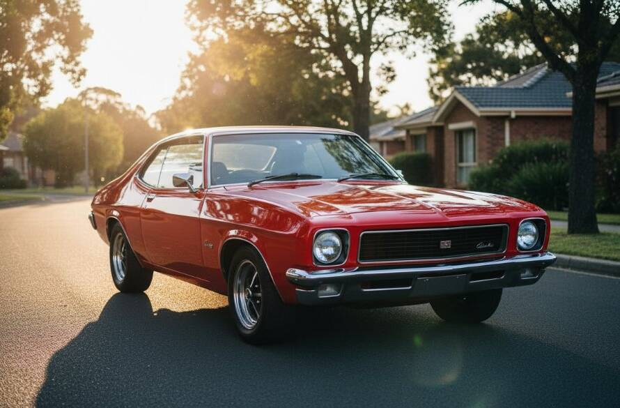 An epic moment in Hampton Park classic car photography Victoria, showcasing a gleaming vintage Holden Kingswood at sunset, its chrome reflecting the vibrant sky, parked near the leafy Dandenong Creek trail, with dramatic lens flare and cinematic colour grading.
