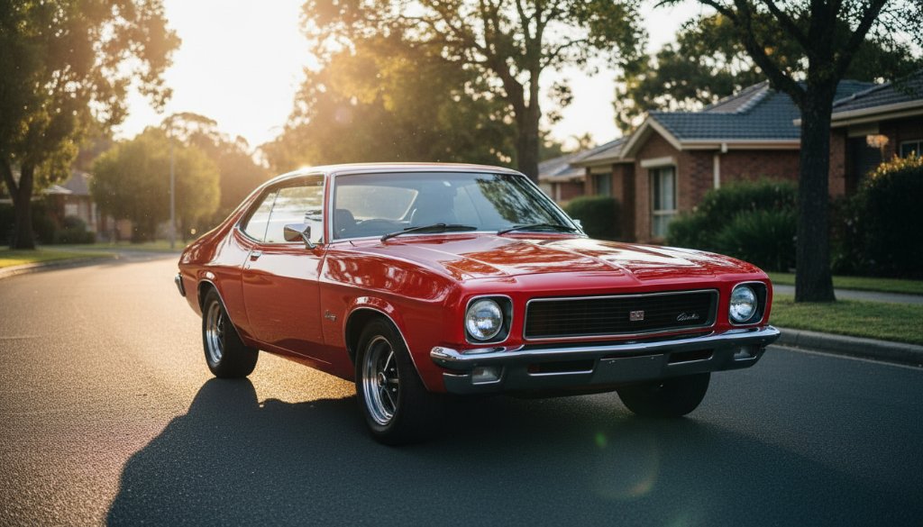 An epic moment in Hampton Park classic car photography Victoria, showcasing a gleaming vintage Holden Kingswood at sunset, its chrome reflecting the vibrant sky, parked near the leafy Dandenong Creek trail, with dramatic lens flare and cinematic colour grading.