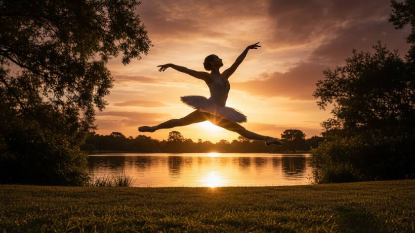A prima ballerina mid-leap, dramatically silhouetted against a golden sunset over a Hampton Park parkland, showcasing Hampton Park dance photography capturing graceful motion with incredible elegance and power.