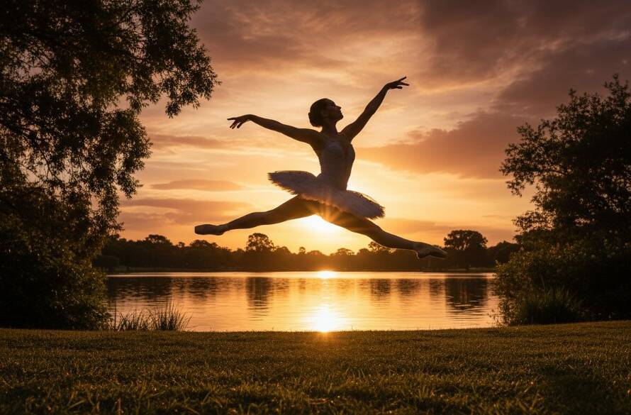 A prima ballerina mid-leap, dramatically silhouetted against a golden sunset over a Hampton Park parkland, showcasing Hampton Park dance photography capturing graceful motion with incredible elegance and power.