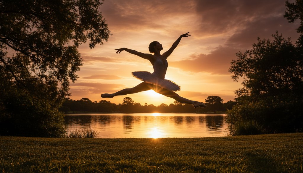 A prima ballerina mid-leap, dramatically silhouetted against a golden sunset over a Hampton Park parkland, showcasing Hampton Park dance photography capturing graceful motion with incredible elegance and power.