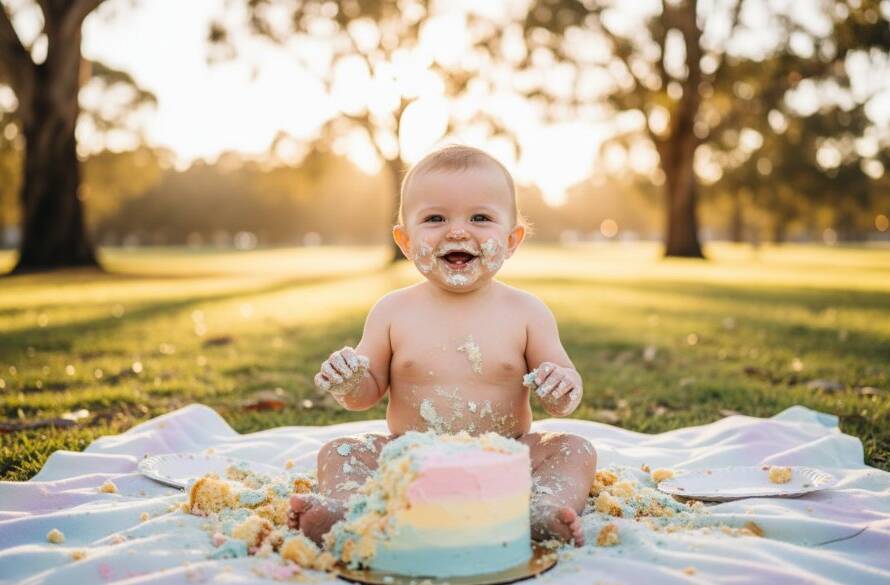 An adorable baby, covered in cake, laughing joyously during Hampton Park first birthday cake smash photography unforgettable moments, with soft, golden hour light filtering through eucalyptus trees in a Hampton Park park.