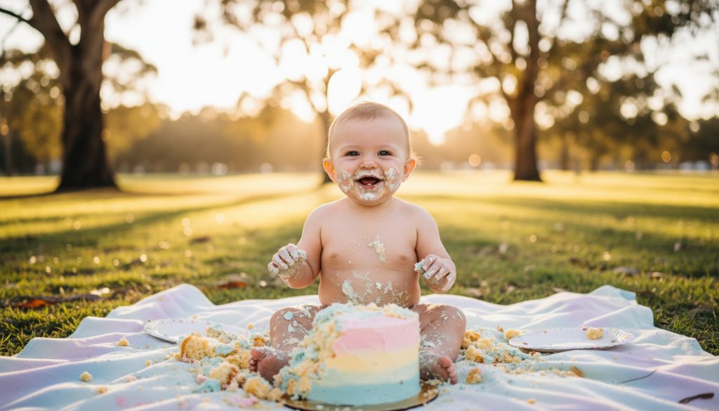 An adorable baby, covered in cake, laughing joyously during Hampton Park first birthday cake smash photography unforgettable moments, with soft, golden hour light filtering through eucalyptus trees in a Hampton Park park.
